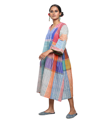 Handloom cotton Gamcha Atrangi Multicolor Dress with bothside pockets