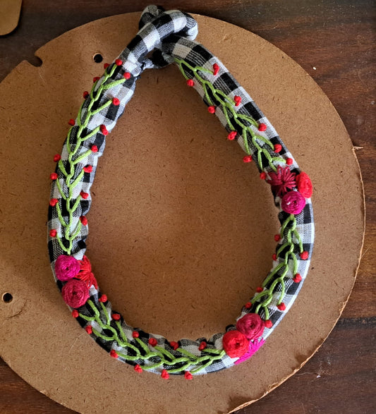 Handembroidered Hassuli design gamcha fabric Necklace Black and white