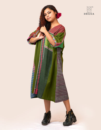 Handloom Green Cotton Multicolor Gamcha Patchwork Dress with Pockets- KD026