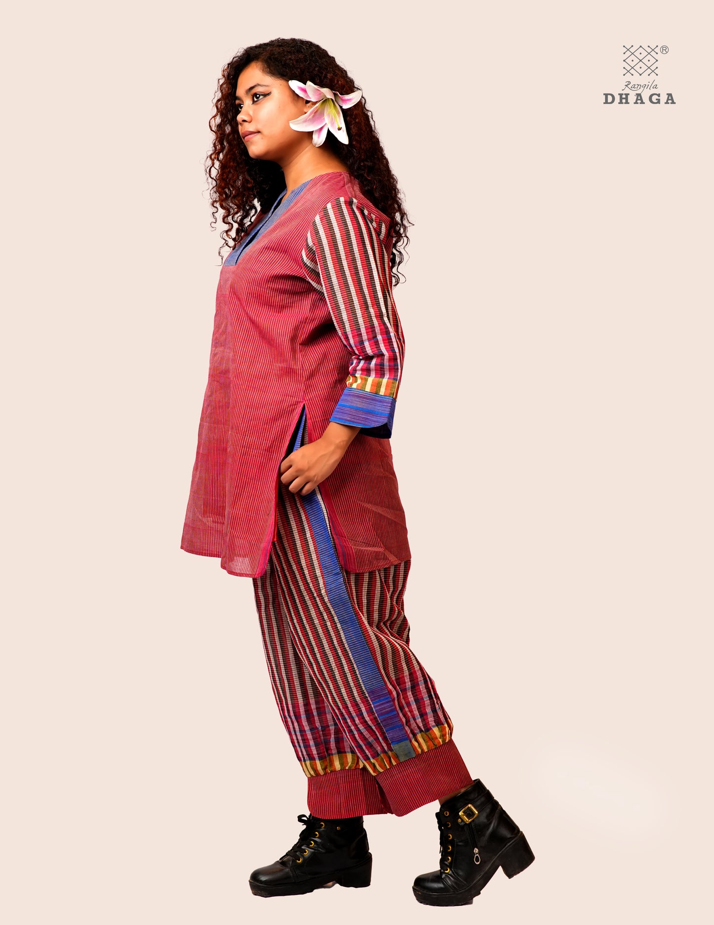 Handloom Cotton Gamcha Co-ord Set for Women – Red & Blue Striped Kurti with Lining and Relaxed Fit Pocket Pants - CODE05