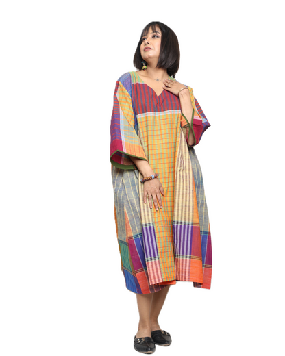 Handloom cotton Gamcha Atrangi Multicolor Dress with bothside pockets- D03