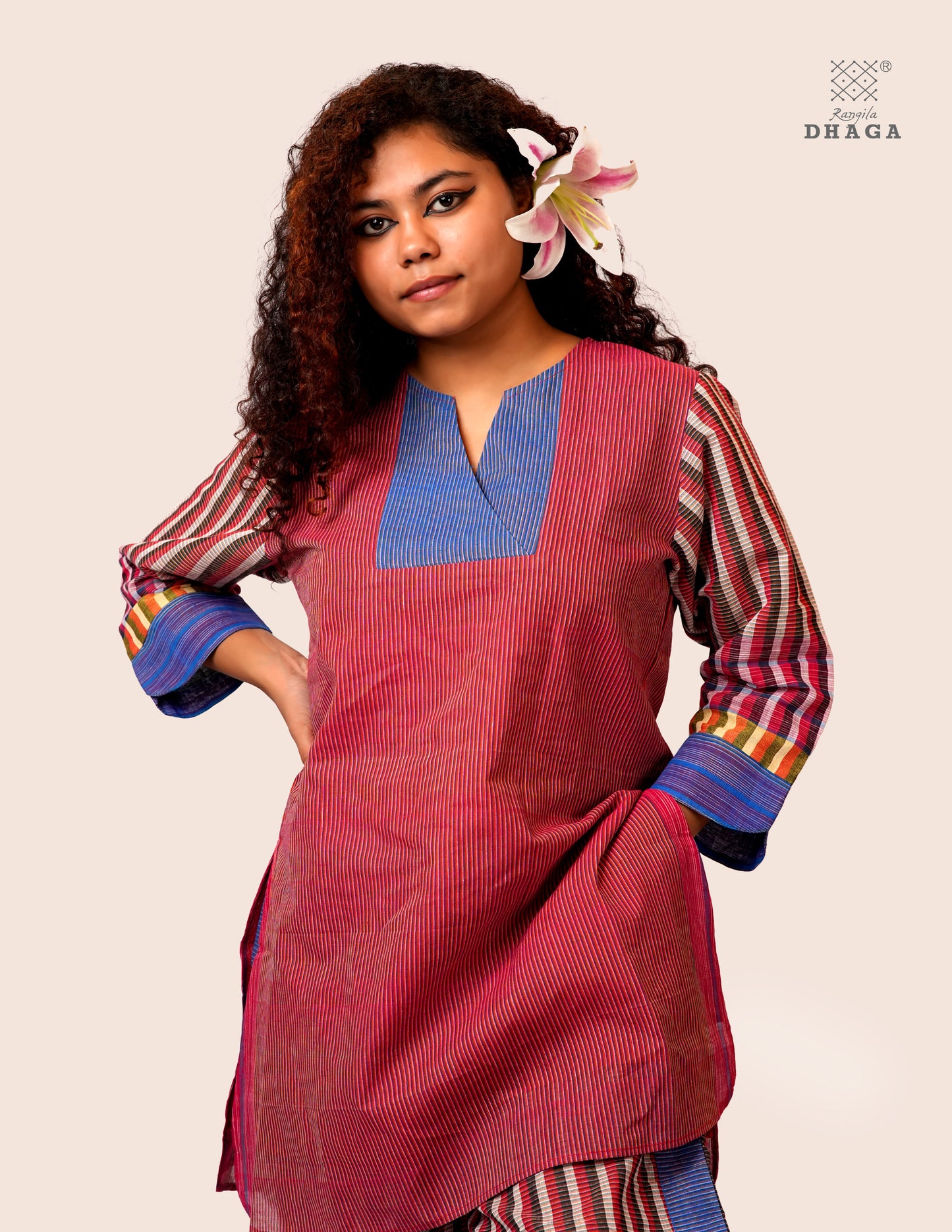 Handloom Cotton Gamcha Co-ord Set for Women – Red & Blue Striped Kurti with Lining and Relaxed Fit Pocket Pants - CODE05