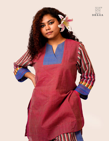 Handloom Cotton Gamcha Co-ord Set for Women – Red & Blue Striped Kurti with Lining and Relaxed Fit Pocket Pants - CODE05