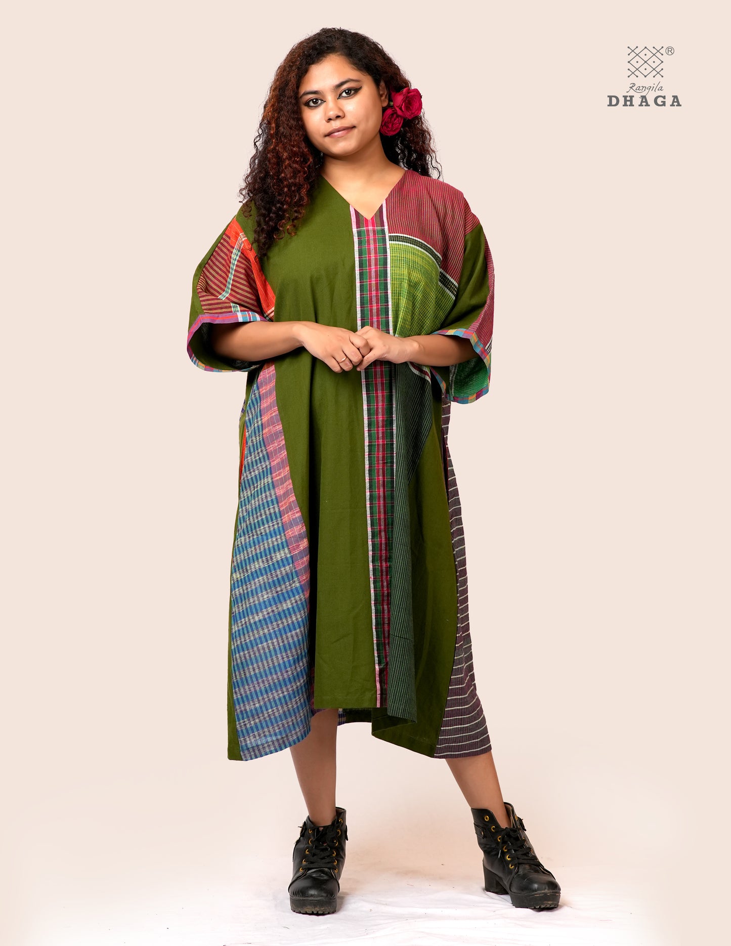 Handloom Green Cotton Multicolor Gamcha Patchwork Dress with Pockets- KD026