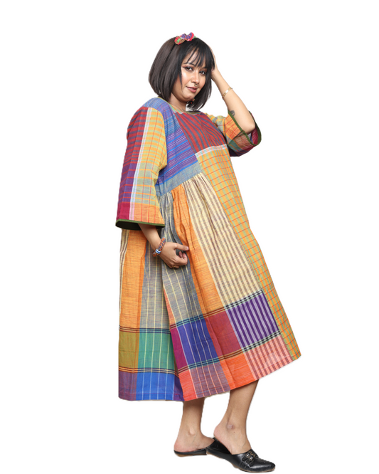 Handloom cotton Gamcha Atrangi Multicolor Dress with bothside pockets