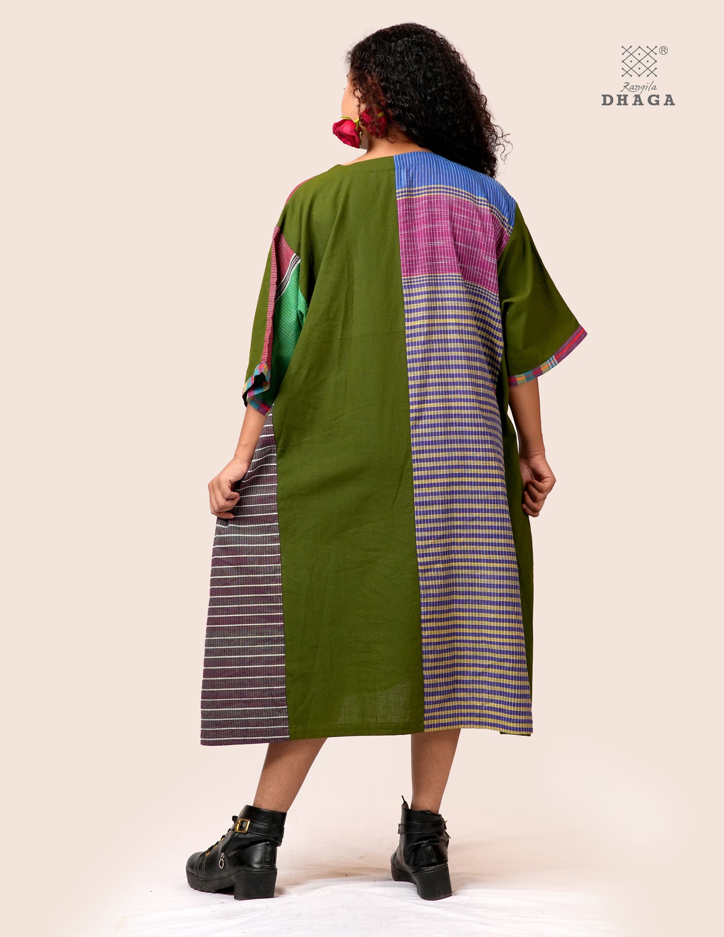 Handloom Green Cotton Multicolor Gamcha Patchwork Dress with Pockets- KD026