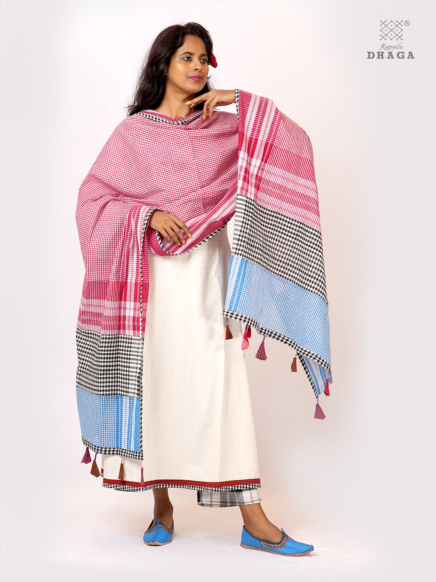 Rangila Dhaga Patchwork Gamcha Dupatta with Tassels – Multicolor Checks (2.5m)- GD030