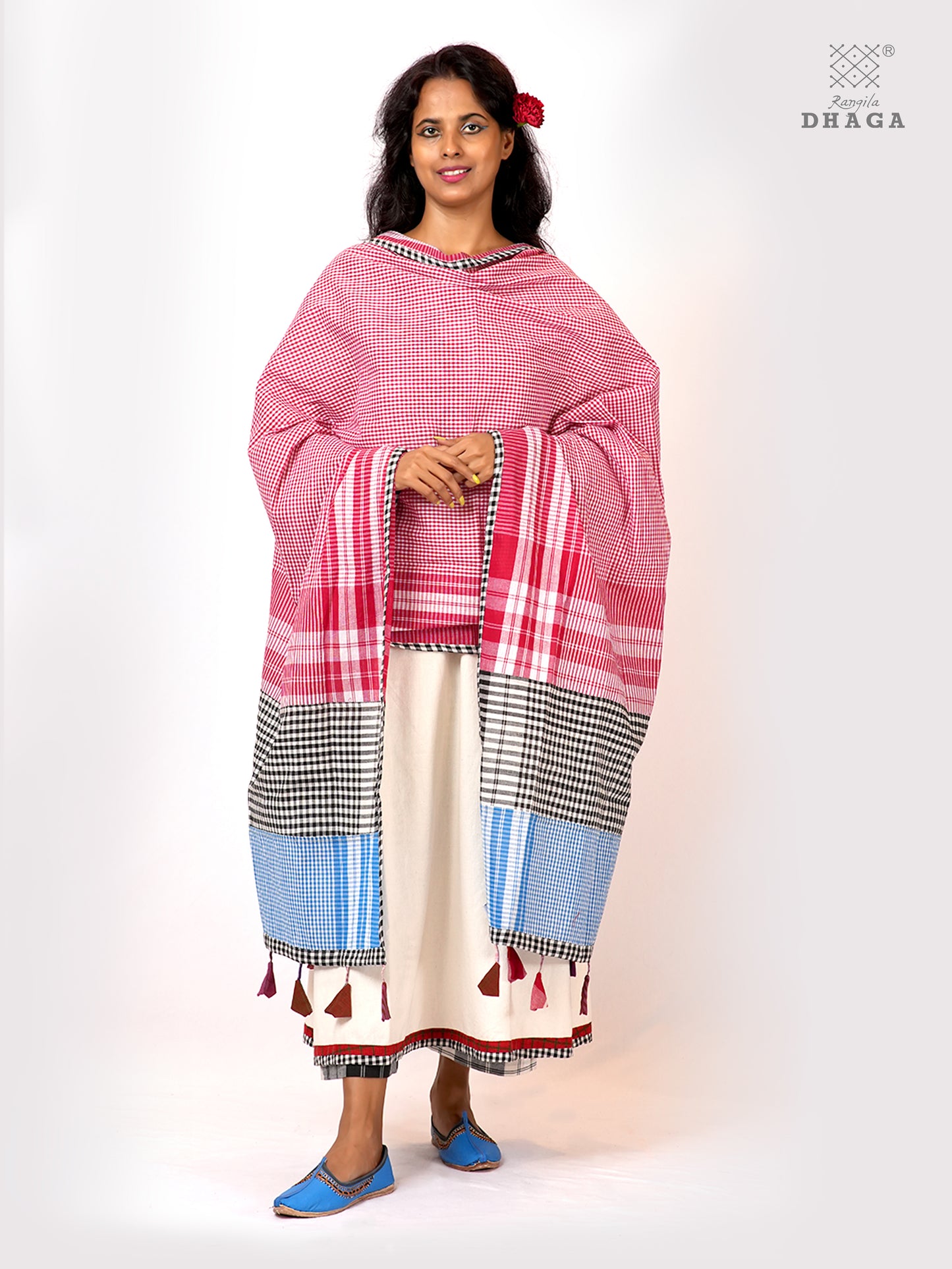 Rangila Dhaga Patchwork Gamcha Dupatta with Tassels – Multicolor Checks (2.5m)- GD030