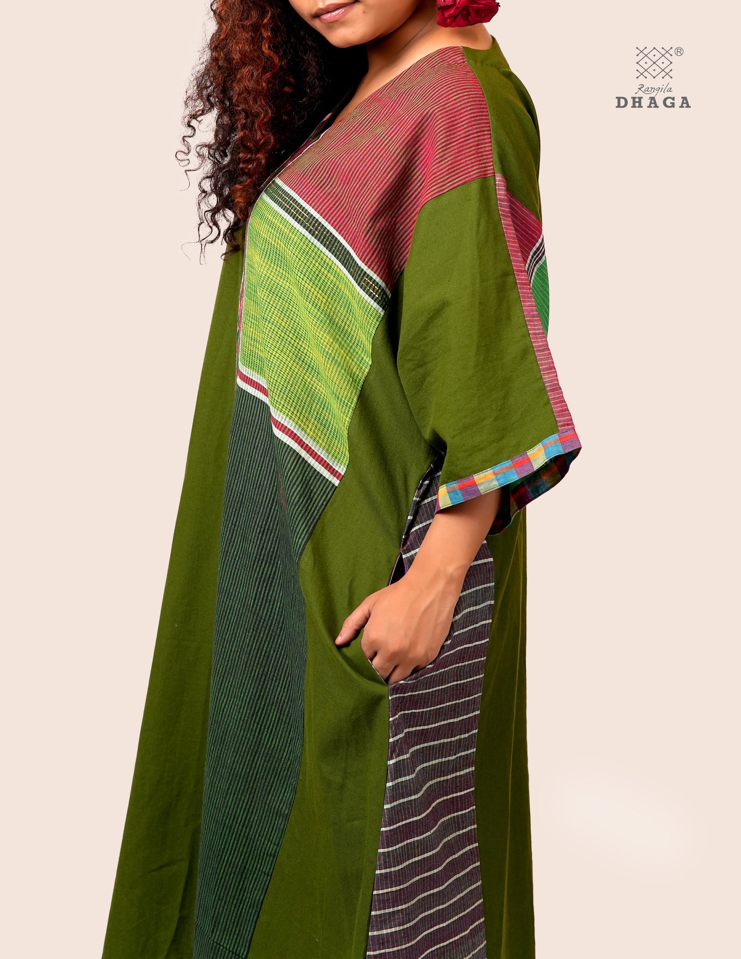 Handloom Green Cotton Multicolor Gamcha Patchwork Dress with Pockets- KD026