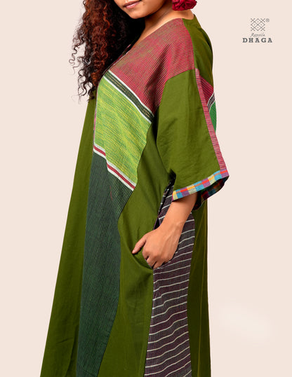 Handloom Green Cotton Multicolor Gamcha Patchwork Dress with Pockets- KD026