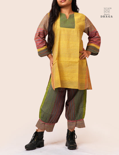 Handloom Cotton Gamcha Co-ord Set for Women – Yellow-Green Striped Kurti with Lining and Relaxed Fit Pocket Pants -CODE02