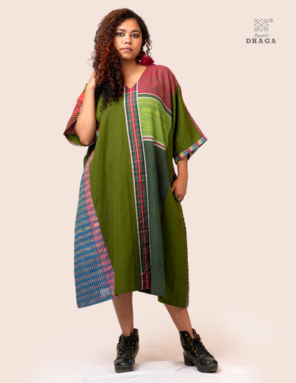 Handloom Green Cotton Multicolor Gamcha Patchwork Dress with Pockets- KD026
