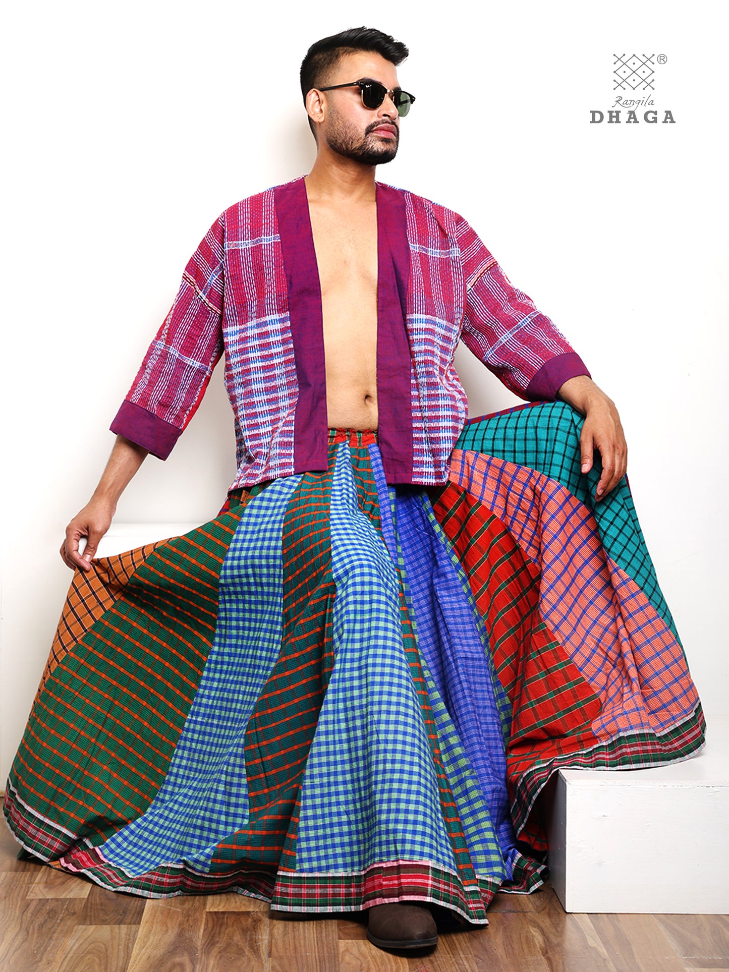 Rangila Dhaga Multi-Check Patchwork Skirt - GS001