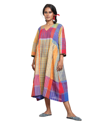 Handloom cotton Gamcha Atrangi Multicolor Dress with bothside pockets