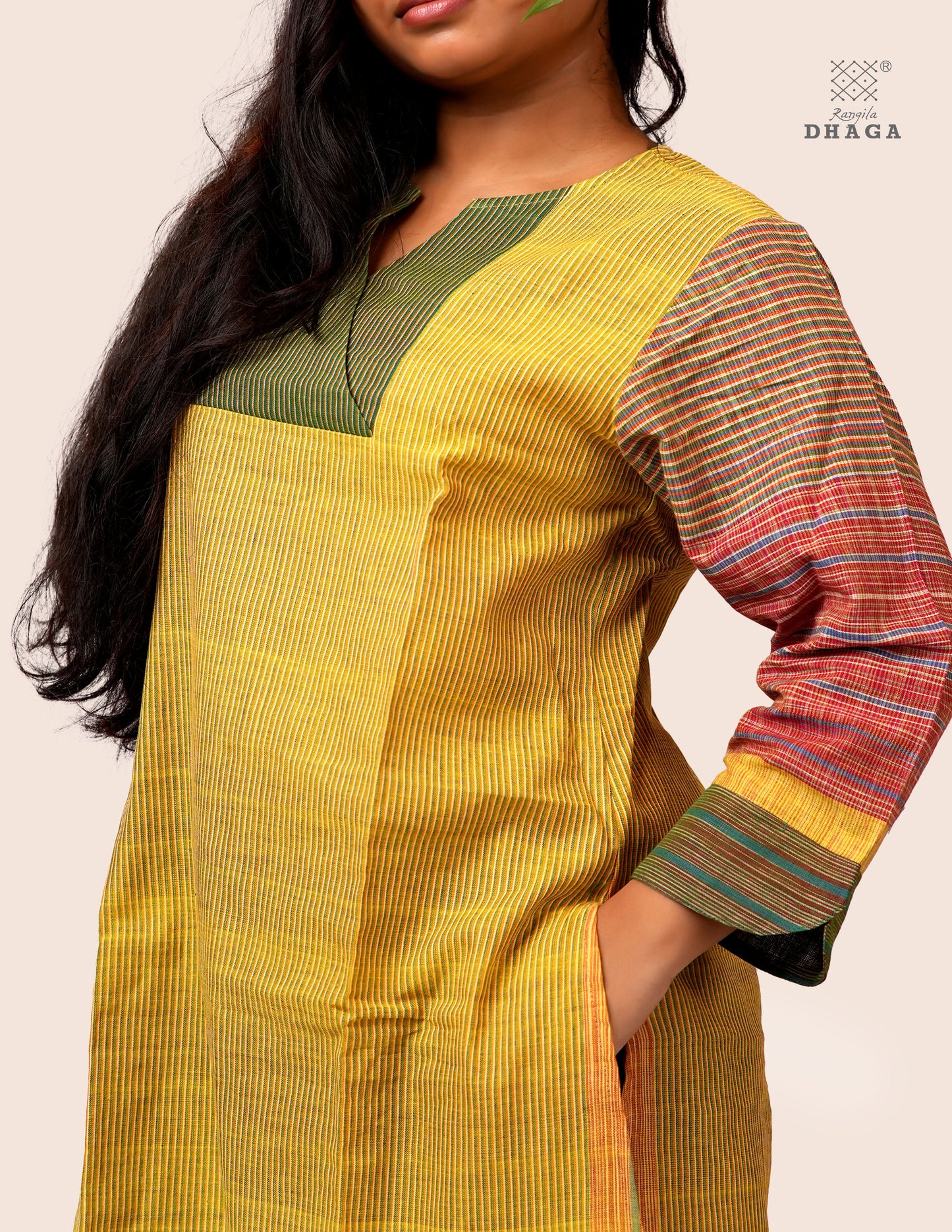 Handloom Cotton Gamcha Co-ord Set for Women – Yellow-Green Striped Kurti with Lining and Relaxed Fit Pocket Pants -CODE02