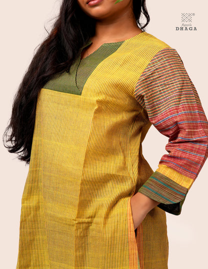 Handloom Cotton Gamcha Co-ord Set for Women – Yellow-Green Striped Kurti with Lining and Relaxed Fit Pocket Pants -CODE02