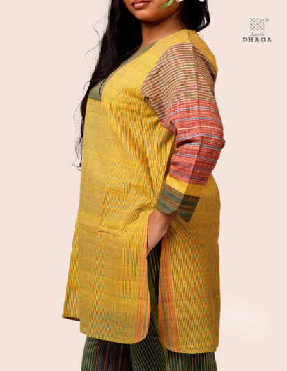 Handloom Cotton Gamcha Co-ord Set for Women – Yellow-Green Striped Kurti with Lining and Relaxed Fit Pocket Pants -CODE02