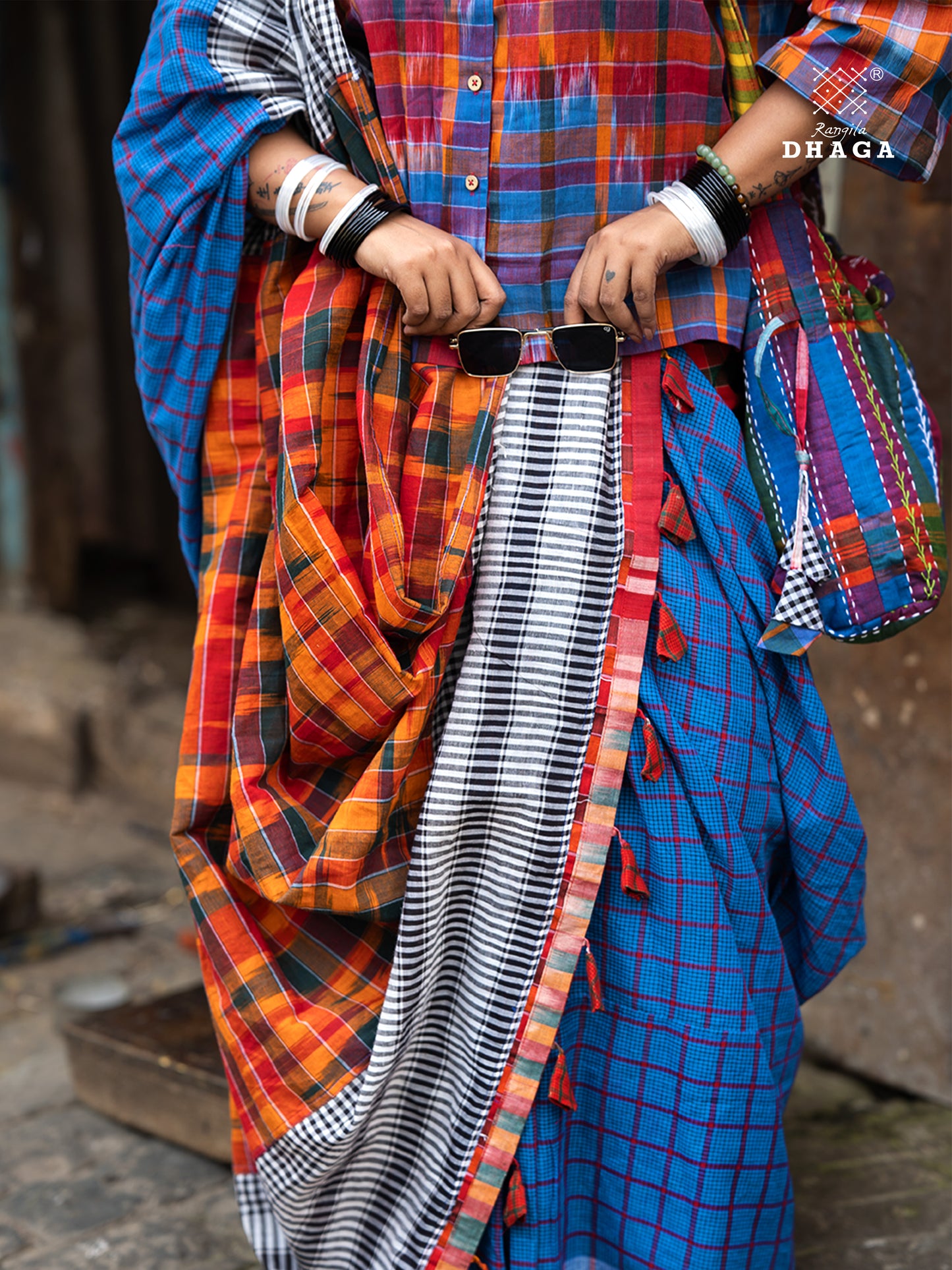 Patchwork Saree Gamcha Fashion Handloom Cotton Fabric  Blue & Red Multicolor GS114