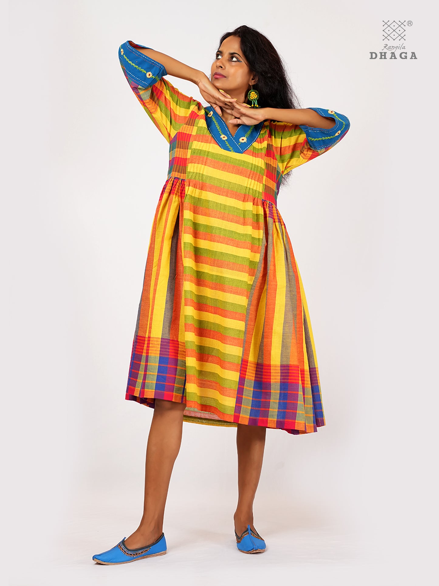 Handembroidered Handloom Gamcha Pintuck Yoke Gathered Dress | Artisan Cotton Dress with Pockets| Rangila Dhaga KD007