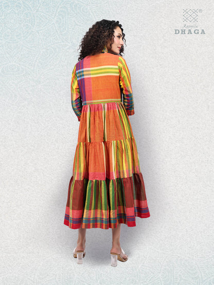 Handloom Cotton Multicolor Striped Flared  Yellow Dress cum Open Shrug – Rangila Dhaga D51