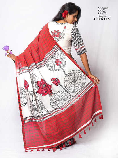 Handpainted Lotus Pallu with Hand-Embroidered Kantha & Flower Stitch Patchwork Handloom Gamcha Saree | Padma Includes Blouse Piece GS138