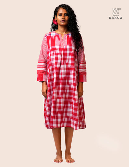 Red & White Handloom Kotki Gamcha Check Midi Dress | Pure Cotton | Rangila Dhaga KD001