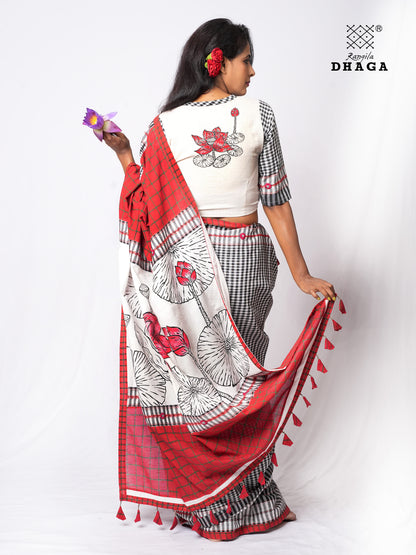 Handpainted Lotus Pallu with Hand-Embroidered Kantha & Flower Stitch Patchwork Handloom Gamcha Saree | Padma Includes Blouse Piece GS138