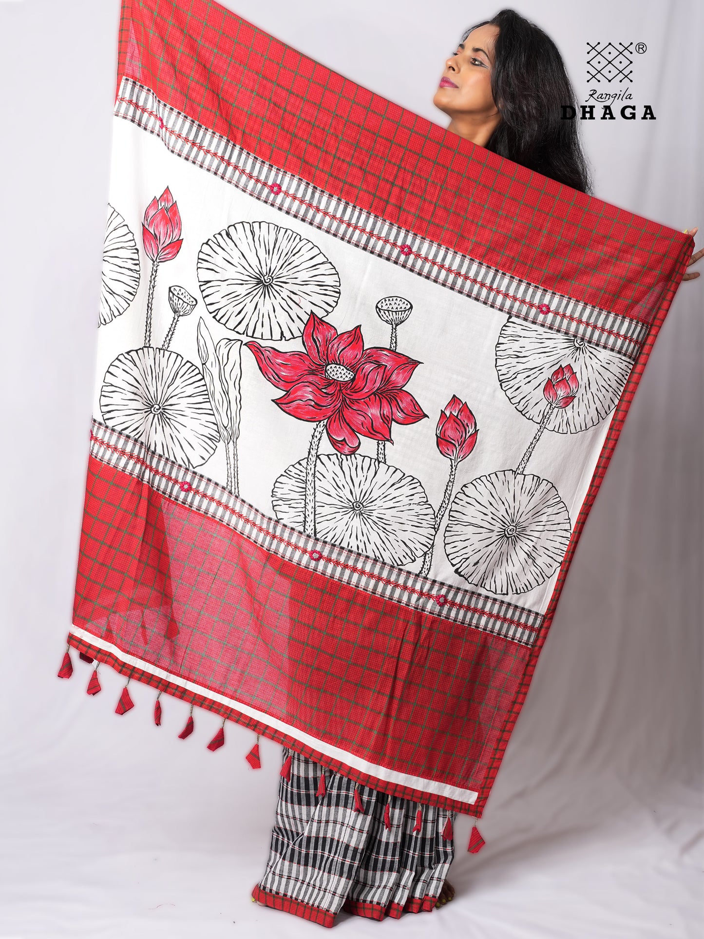 Handpainted Lotus Pallu with Hand-Embroidered Kantha & Flower Stitch Patchwork Handloom Gamcha Saree | Padma Includes Blouse Piece GS138