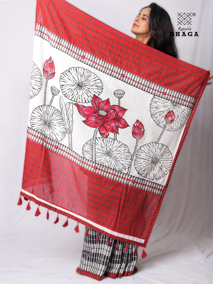 Handpainted Lotus Pallu with Hand-Embroidered Kantha & Flower Stitch Patchwork Handloom Gamcha Saree | Padma Includes Blouse Piece GS138