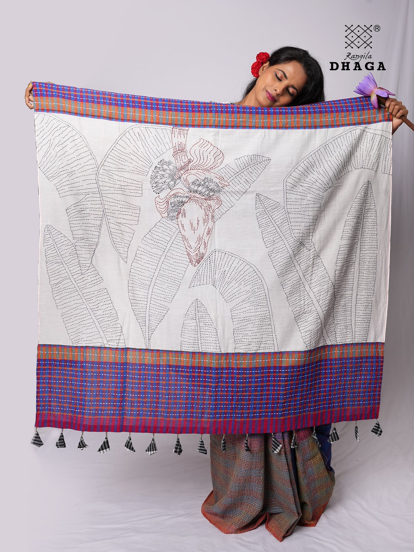 Hand-Embroidered Kantha Banana Blossom & Leaf Stitch Patchwork Handloom Gamcha Saree  GS139 (Copy)
