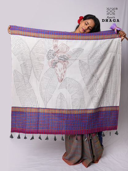 Hand-Embroidered Kantha Banana Blossom & Leaf Stitch Patchwork Handloom Gamcha Saree  GS139 (Copy)