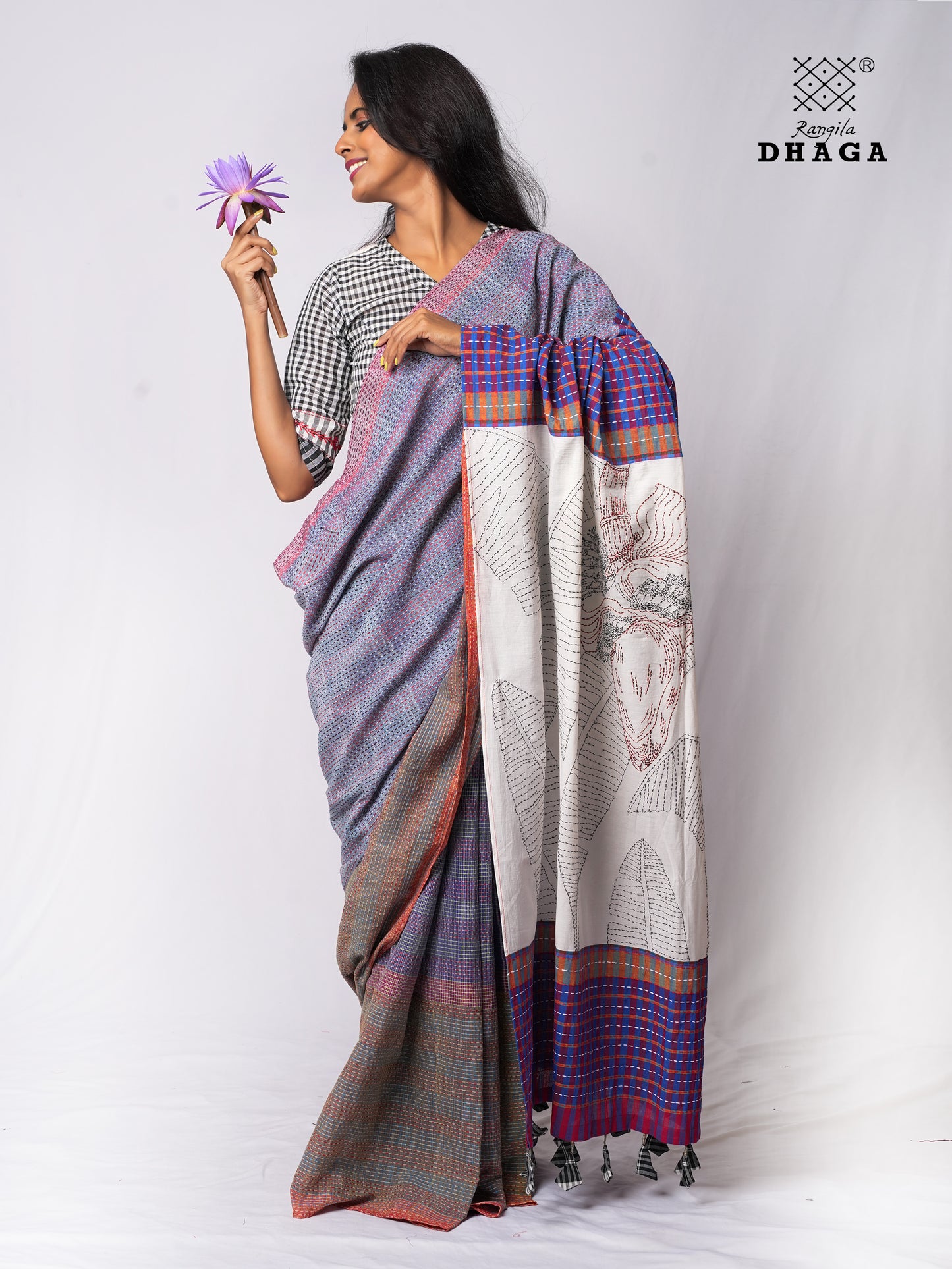 Hand-Embroidered Kantha Banana Blossom & Leaf Stitch Patchwork Handloom Gamcha Saree  GS139 (Copy)