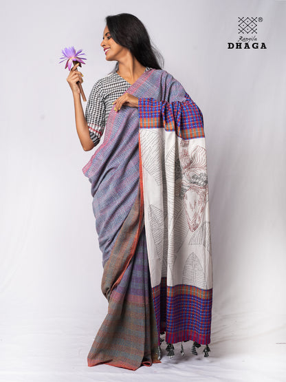 Hand-Embroidered Kantha Banana Blossom & Leaf Stitch Patchwork Handloom Gamcha Saree  GS139 (Copy)