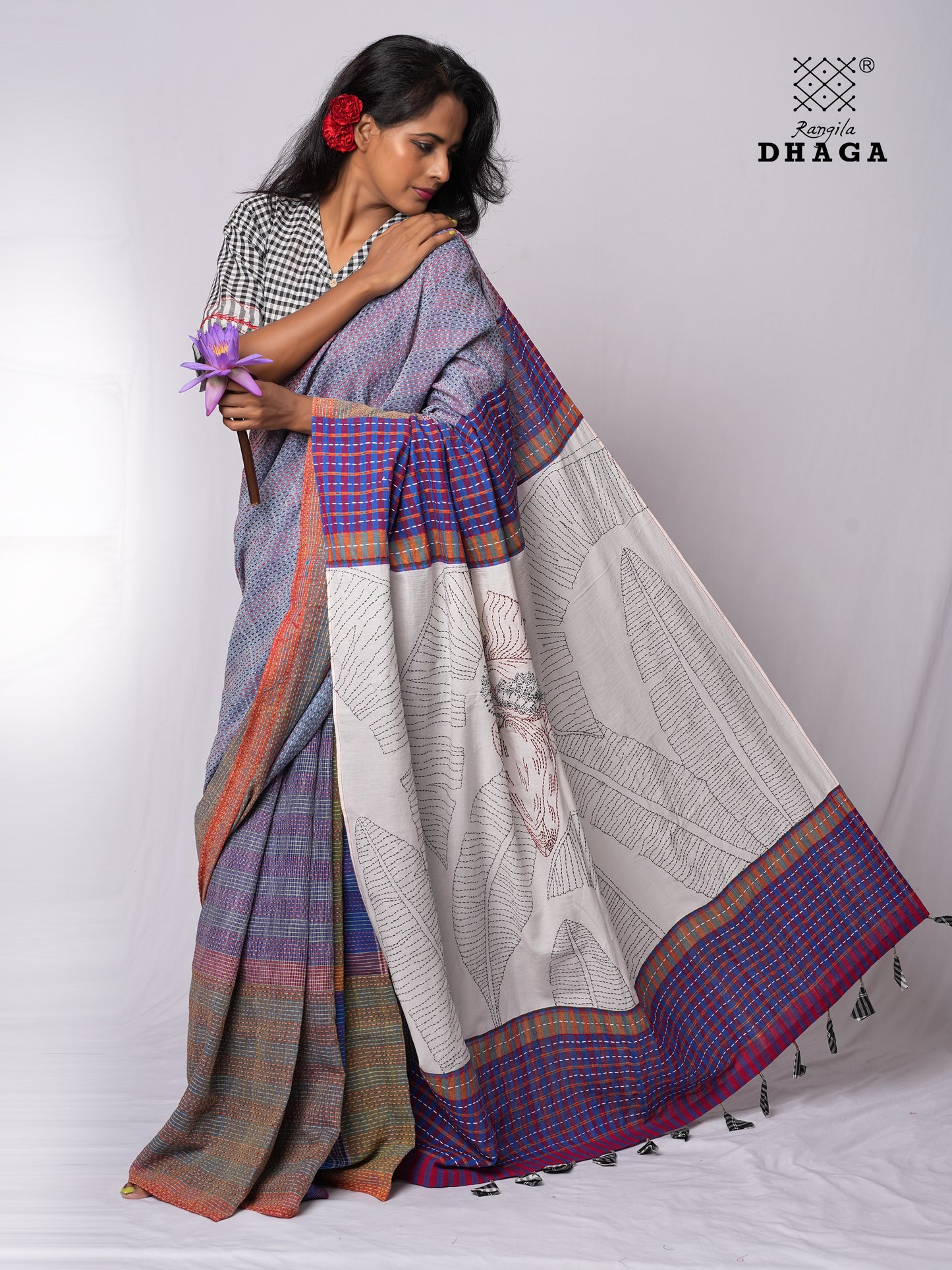 Hand-Embroidered Kantha Banana Blossom & Leaf Stitch Patchwork Handloom Gamcha Saree  GS139 (Copy)