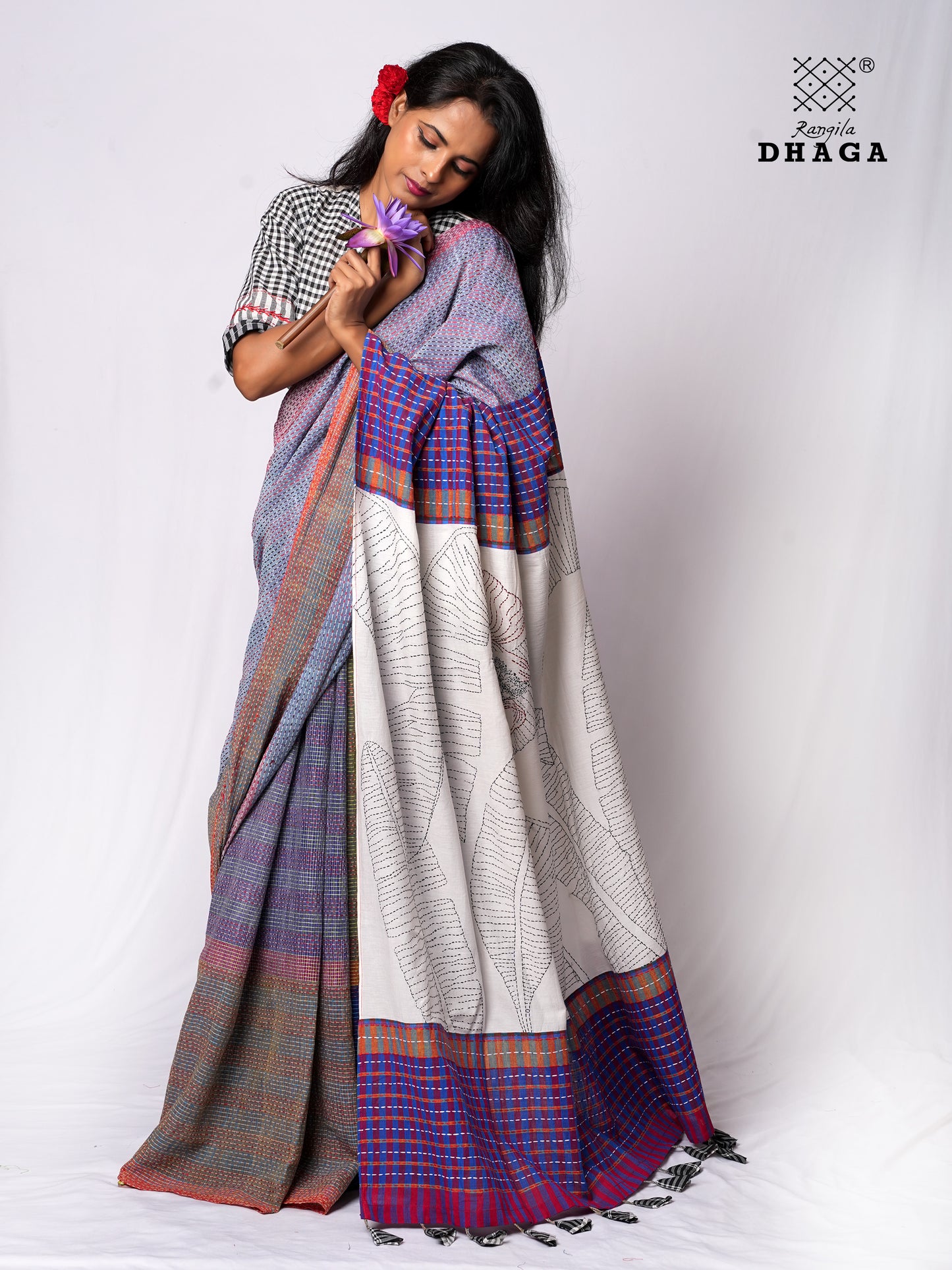 Hand-Embroidered Kantha Banana Blossom & Leaf Stitch Patchwork Handloom Gamcha Saree  GS139 (Copy)