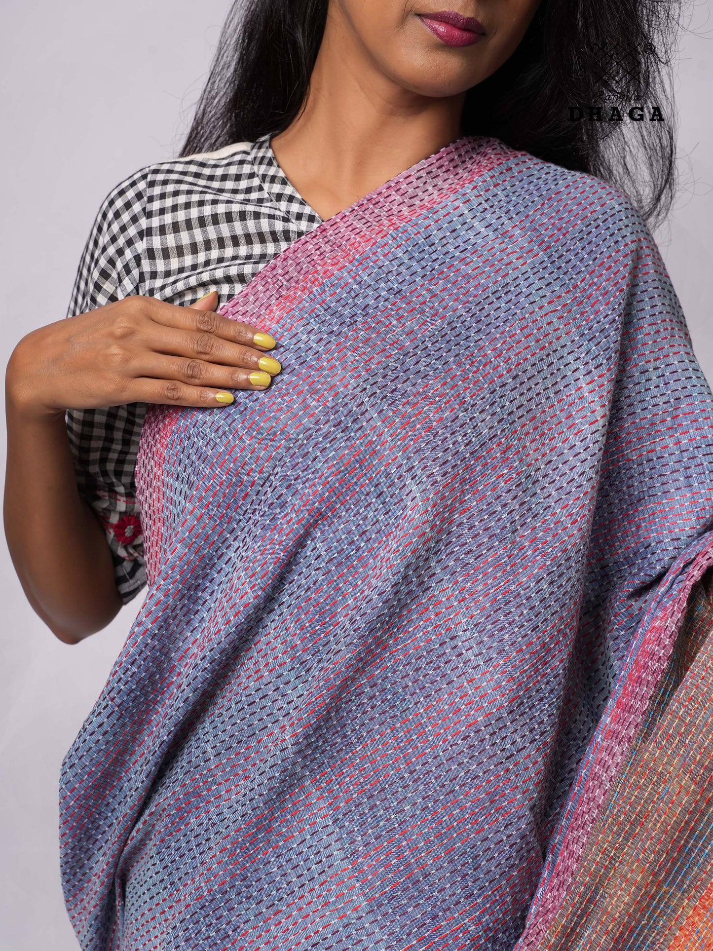 Hand-Embroidered Kantha Banana Blossom & Leaf Stitch Patchwork Handloom Gamcha Saree  GS139 (Copy)