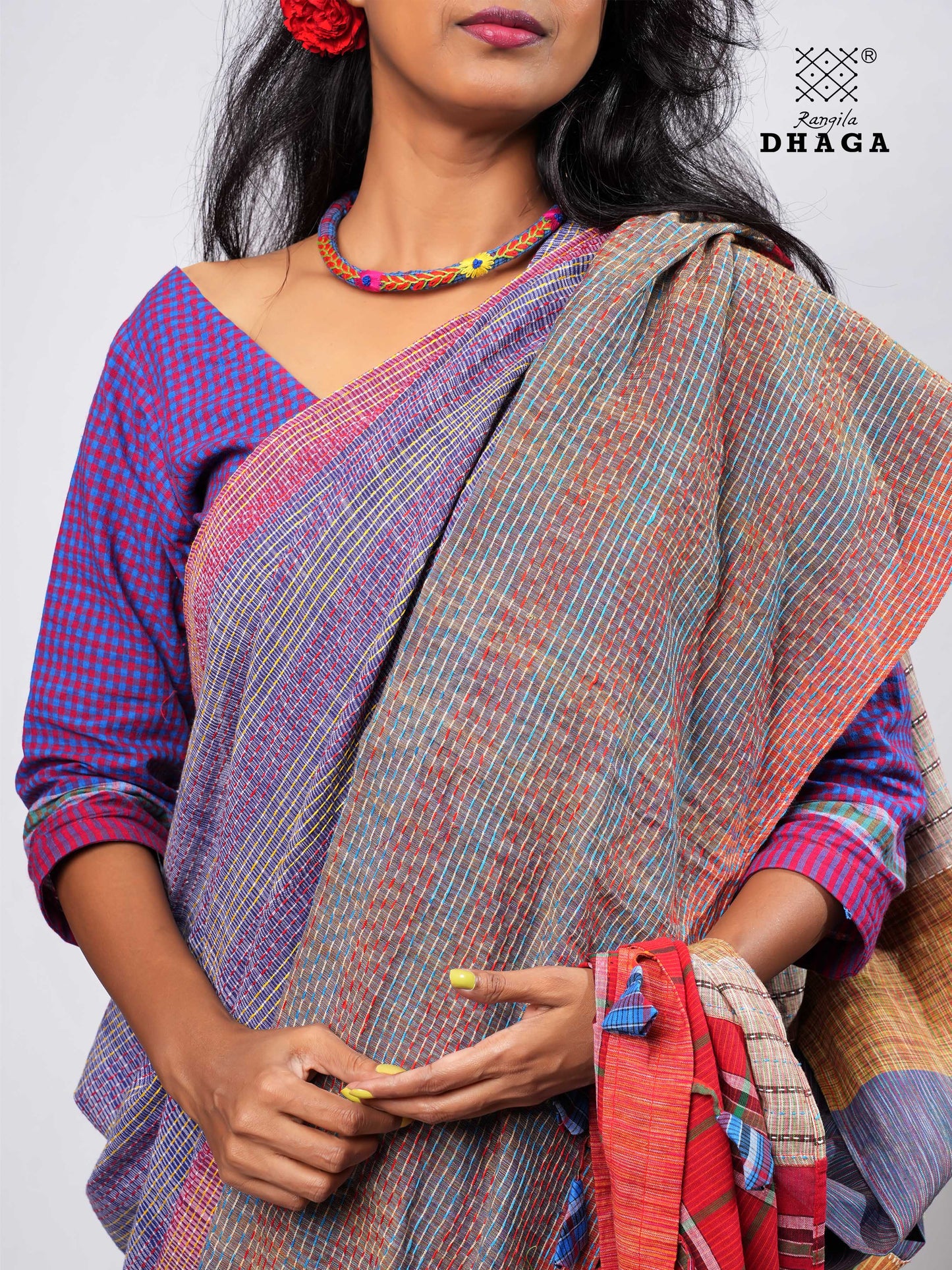 Hand-Embroidered Fish-Fishy Handloom Gamcha Patchwork Kantha Stitch Saree |  Includes Blouse Piece GS136