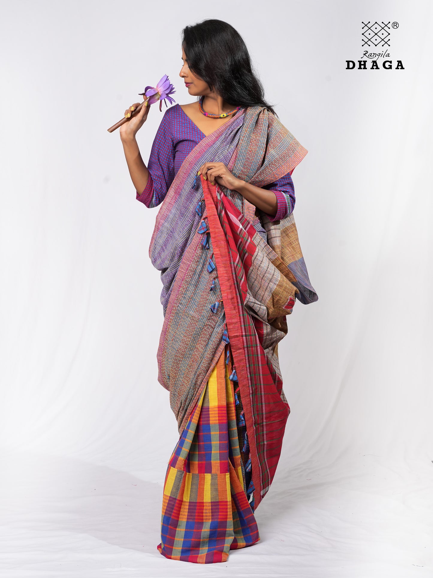 Hand-Embroidered Fish-Fishy Handloom Gamcha Patchwork Kantha Stitch Saree |  Includes Blouse Piece GS136