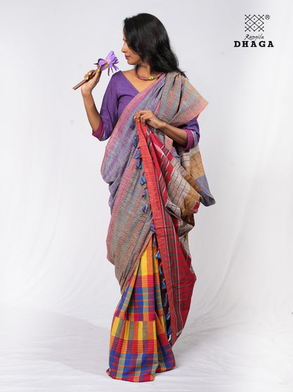Hand-Embroidered Fish-Fishy Handloom Gamcha Patchwork Kantha Stitch Saree |  Includes Blouse Piece GS136