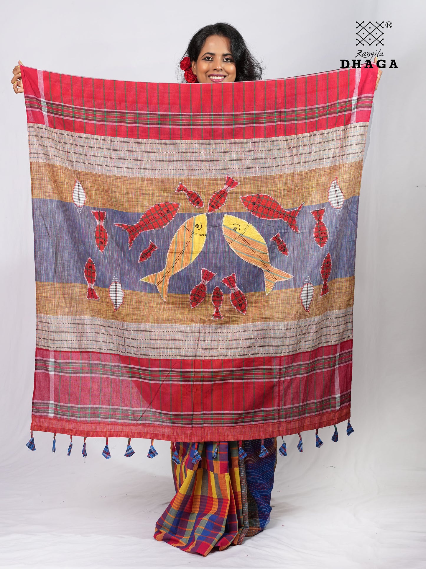 Hand-Embroidered Fish-Fishy Handloom Gamcha Patchwork Kantha Stitch Saree |  Includes Blouse Piece GS136