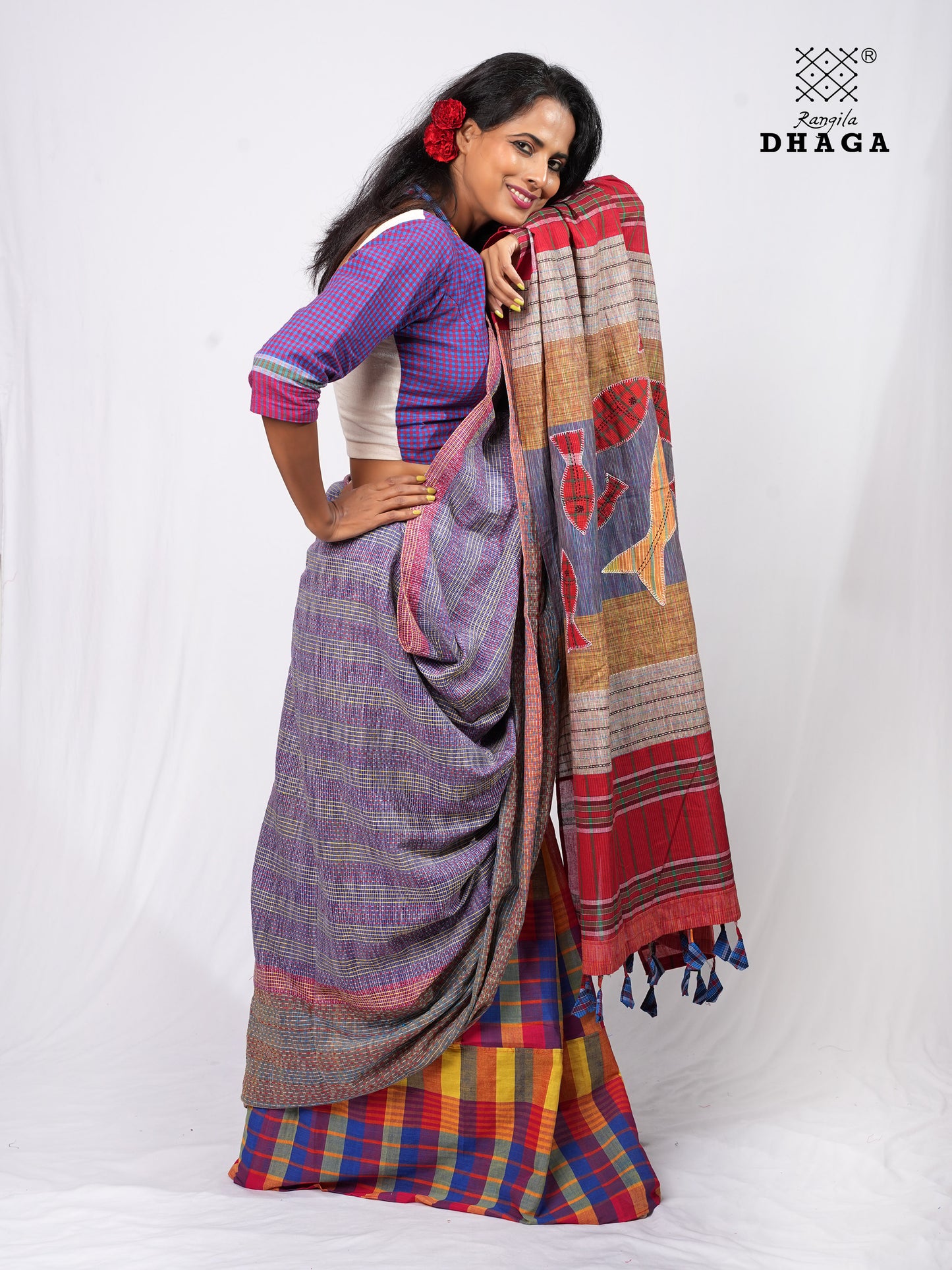 Hand-Embroidered Fish-Fishy Handloom Gamcha Patchwork Kantha Stitch Saree |  Includes Blouse Piece GS136