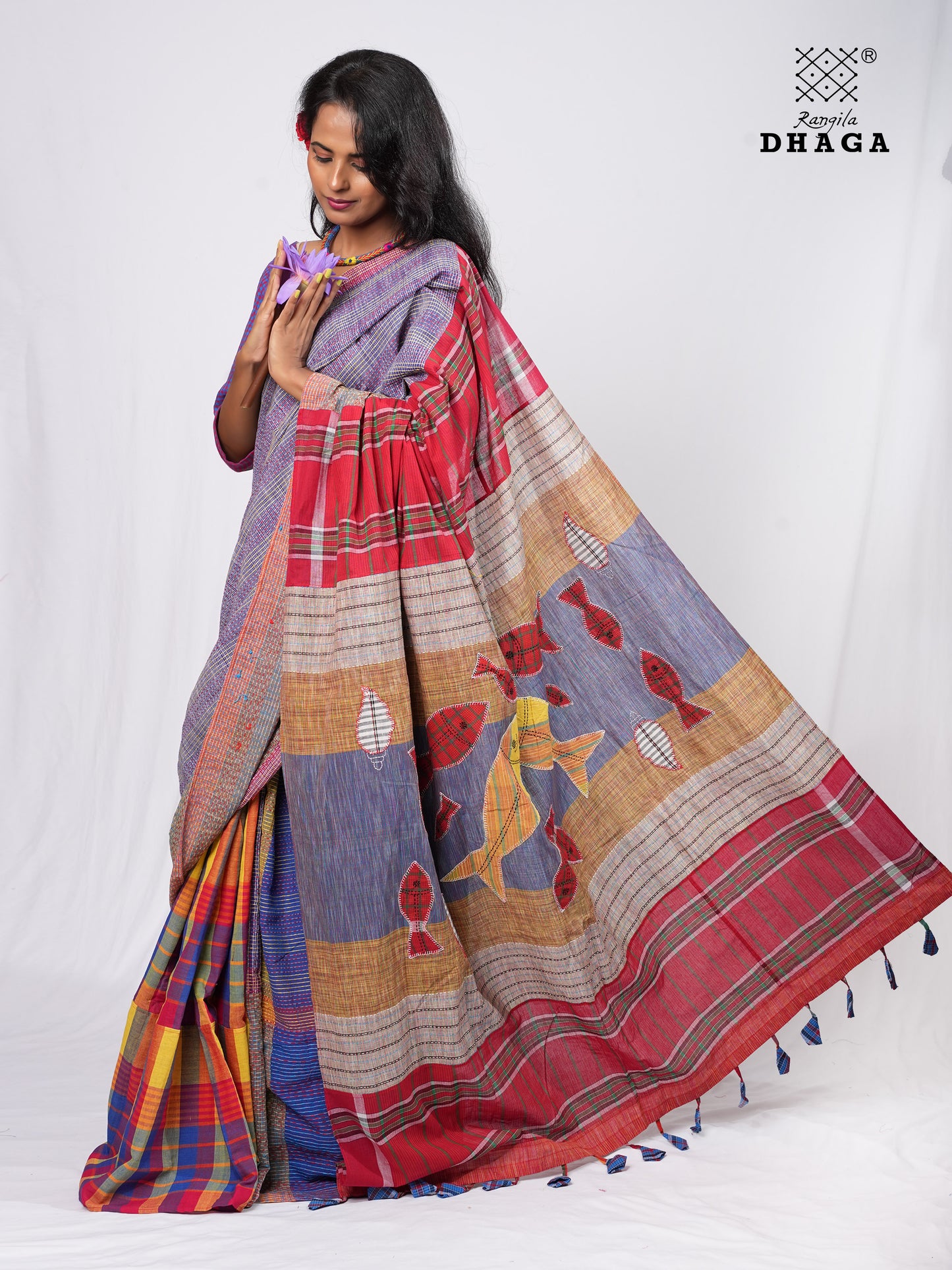 Hand-Embroidered Fish-Fishy Handloom Gamcha Patchwork Kantha Stitch Saree |  Includes Blouse Piece GS136
