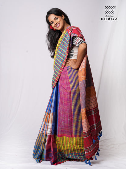 Hand-Embroidered Fish-Fishy Handloom Gamcha Patchwork Kantha Stitch Saree |  Includes Blouse Piece GS137