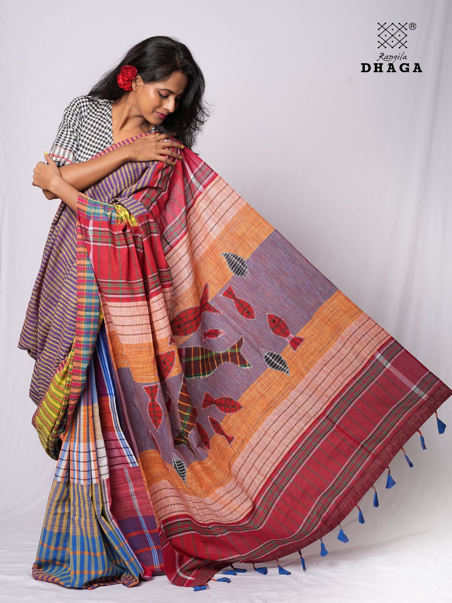 Hand-Embroidered Fish-Fishy Handloom Gamcha Patchwork Kantha Stitch Saree |  Includes Blouse Piece GS137
