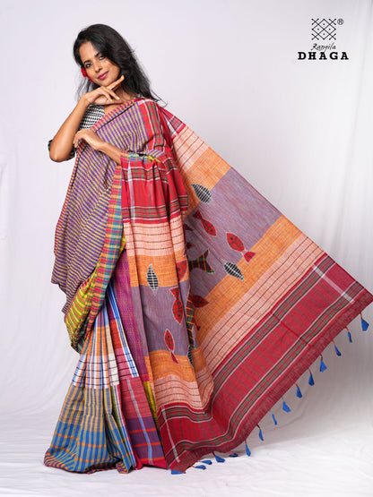 Hand-Embroidered Fish-Fishy Handloom Gamcha Patchwork Kantha Stitch Saree |  Includes Blouse Piece GS137