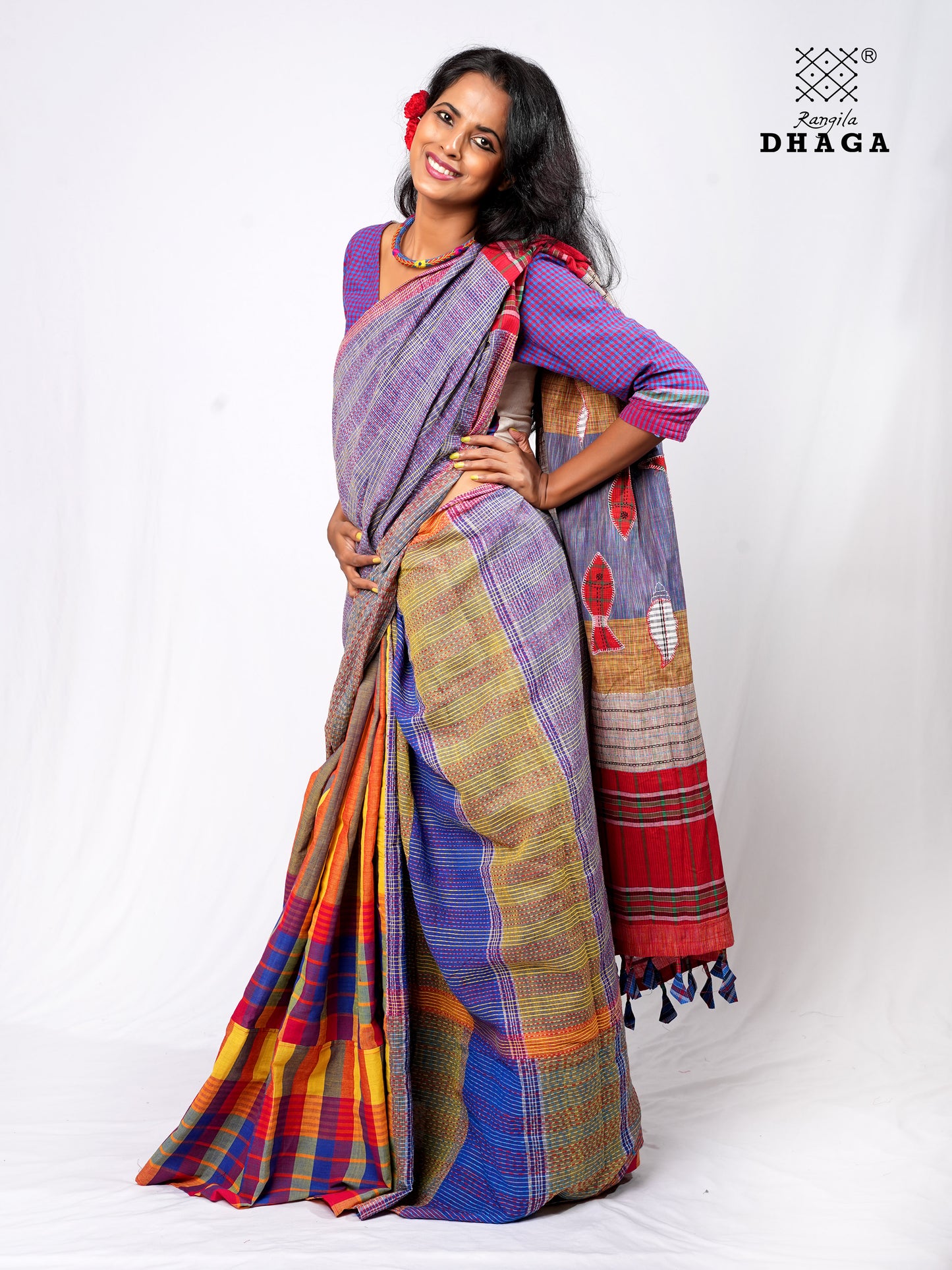 Hand-Embroidered Fish-Fishy Handloom Gamcha Patchwork Kantha Stitch Saree |  Includes Blouse Piece GS136