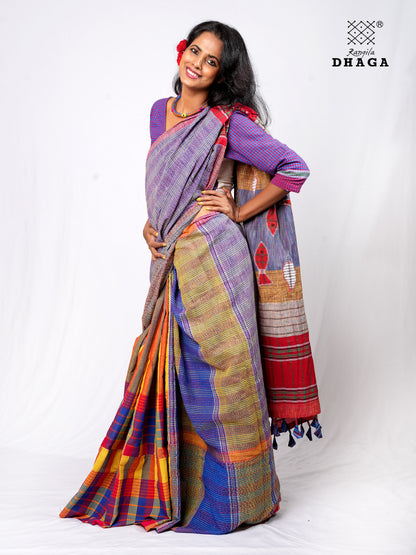 Hand-Embroidered Fish-Fishy Handloom Gamcha Patchwork Kantha Stitch Saree |  Includes Blouse Piece GS136