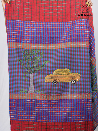 Hand-Embroidered Kantha Tree anf Pili Texi Stitch Patchwork Handloom Gamcha Saree  GS140