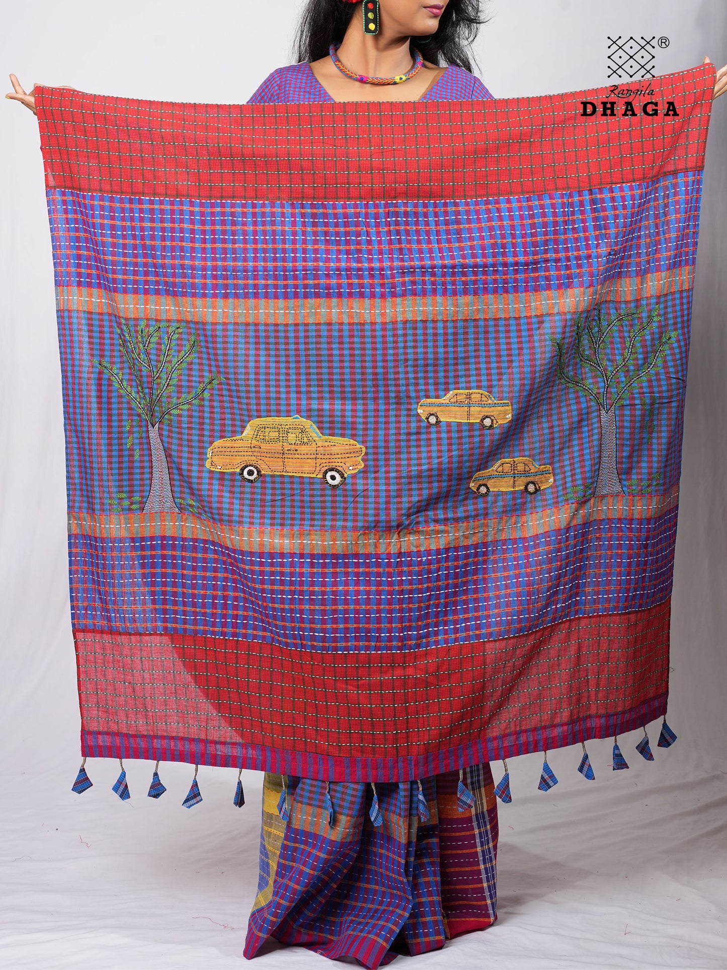 Hand-Embroidered Kantha Tree anf Pili Texi Stitch Patchwork Handloom Gamcha Saree  GS140