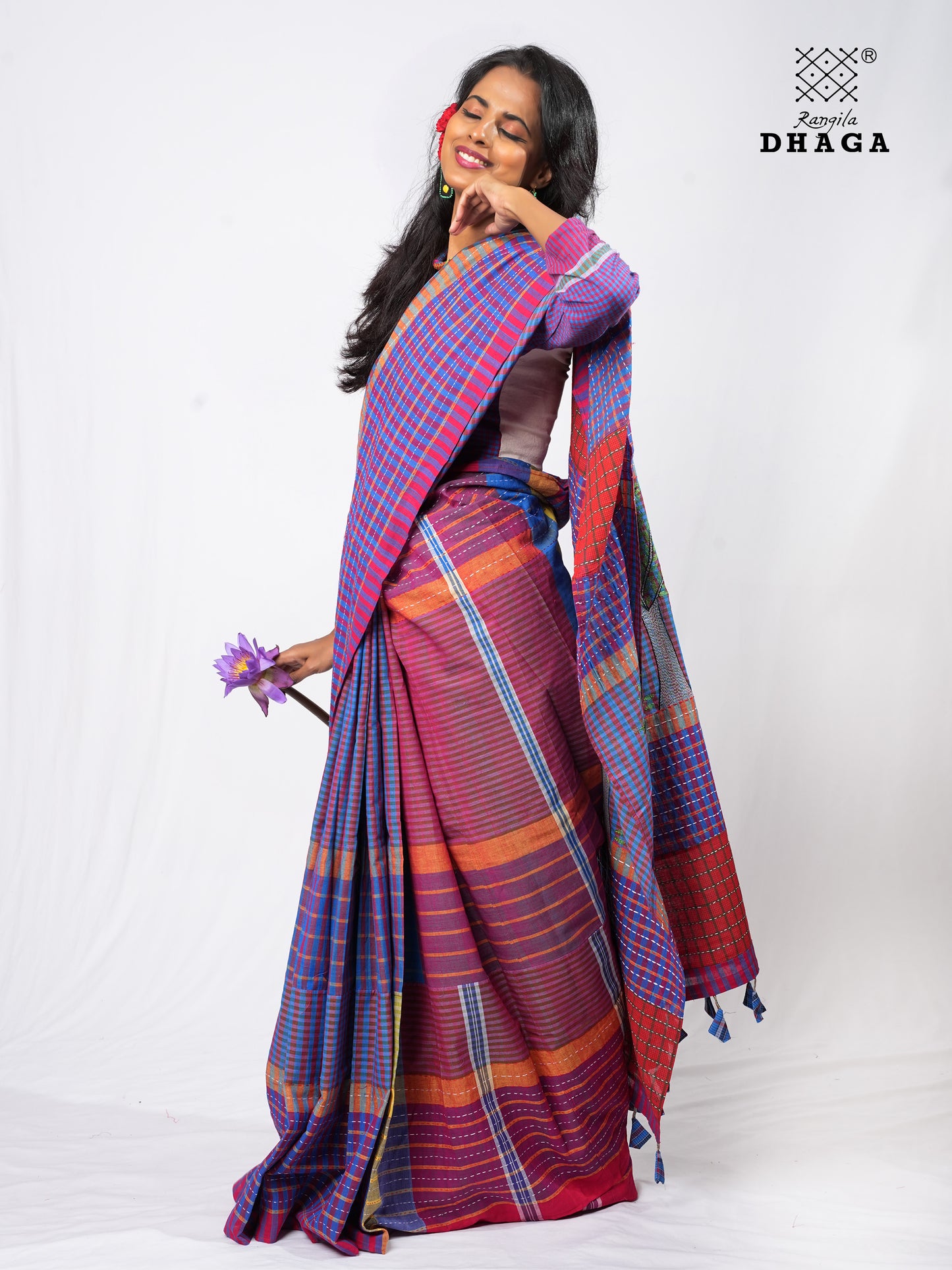 Hand-Embroidered Kantha Tree anf Pili Texi Stitch Patchwork Handloom Gamcha Saree  GS140